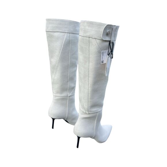 Zara Women Denim High Heel Knee High Pointed Toe Boots Beige Size EU 39 US 8 - Picture 4 of 14